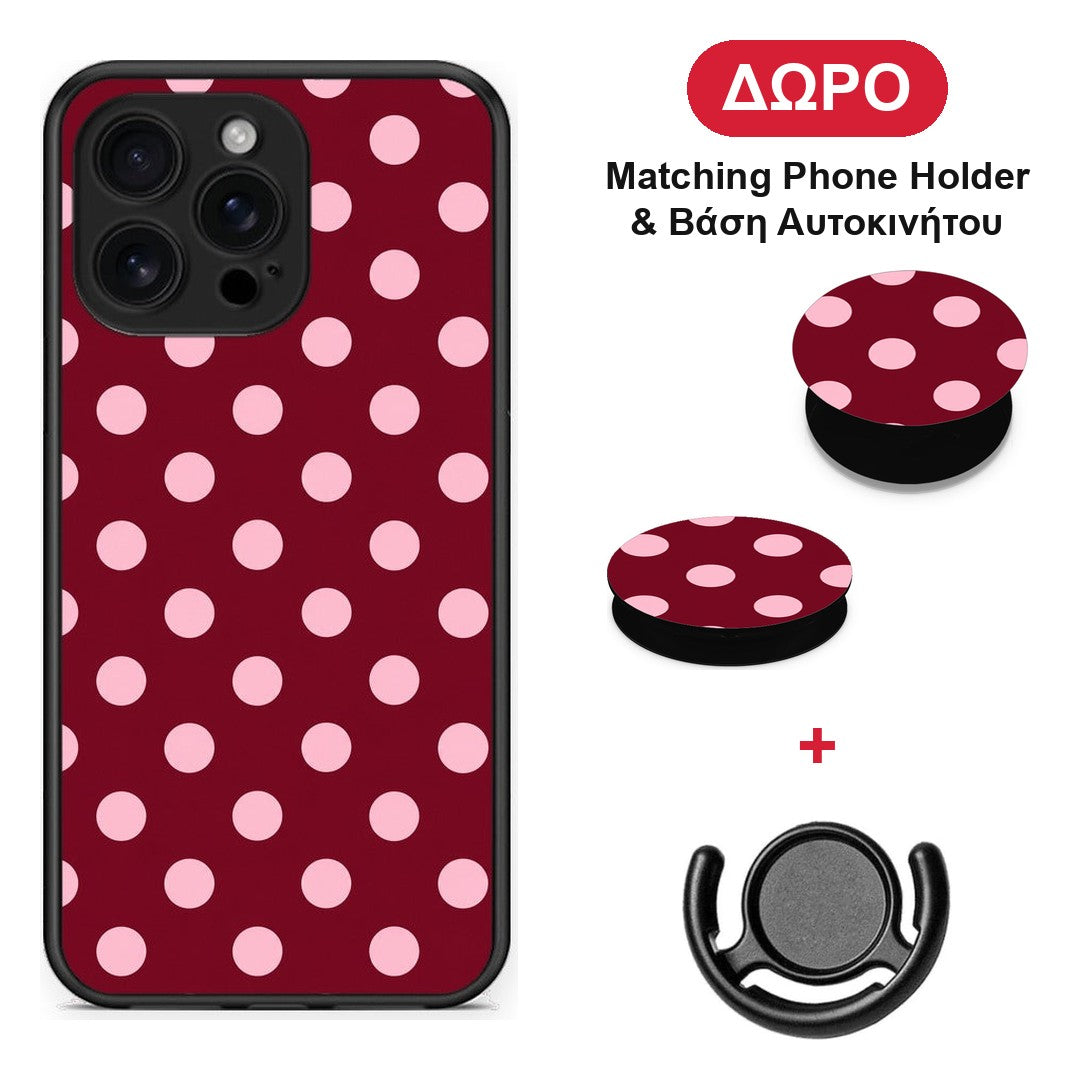 Pink Polka Dots on Burgundy - iPhone 16 Pro Max θήκη + Δώρο Phone Holder & Βάση Αυτοκινήτου