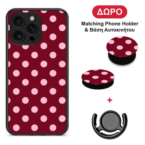 Pink Polka Dots on Burgundy - iPhone 16 Pro Max θήκη + Δώρο Phone Holder & Βάση Αυτοκινήτου