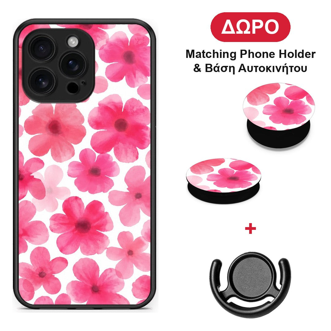Pink Watercolour Flowers on White - iPhone 16 Pro Max θήκη + Δώρο Phone Holder & Βάση Αυτοκινήτου