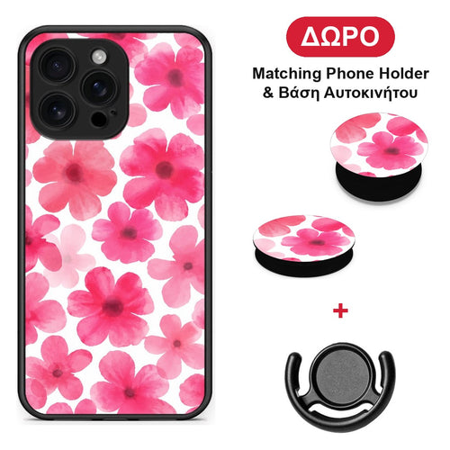 Pink Watercolour Flowers on White - iPhone 16 Pro Max θήκη + Δώρο Phone Holder & Βάση Αυτοκινήτου