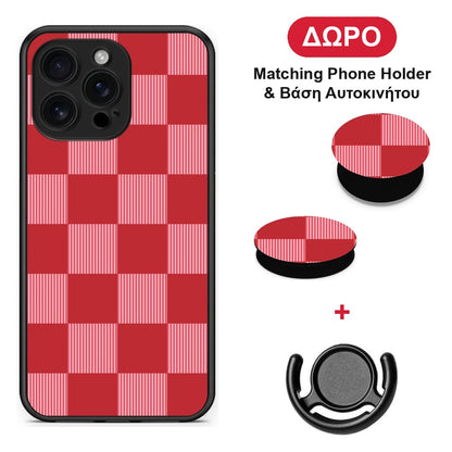 Red and Pink Striped Checks - iPhone 16 Pro Max θήκη + Δώρο Phone Holder & Βάση Αυτοκινήτου