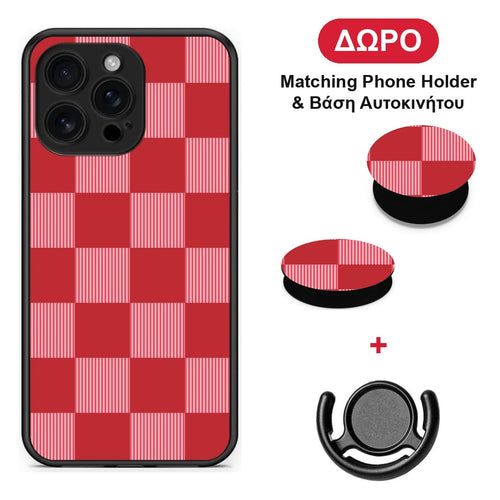 Red and Pink Striped Checks - iPhone 16 Pro Max θήκη + Δώρο Phone Holder & Βάση Αυτοκινήτου