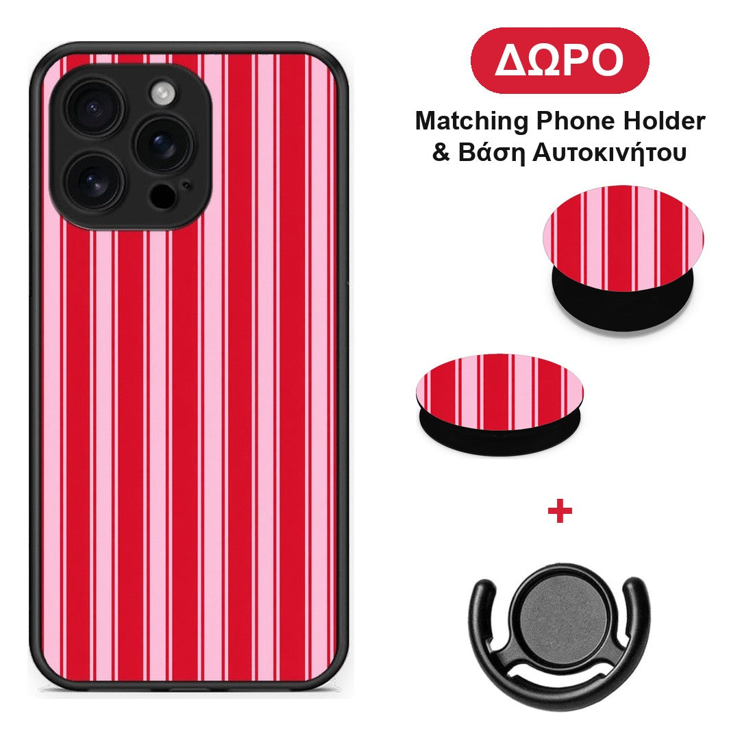 Red and Pink Vertical Pinstripes - iPhone 16 Pro Max θήκη + Δώρο Phone Holder & Βάση Αυτοκινήτου