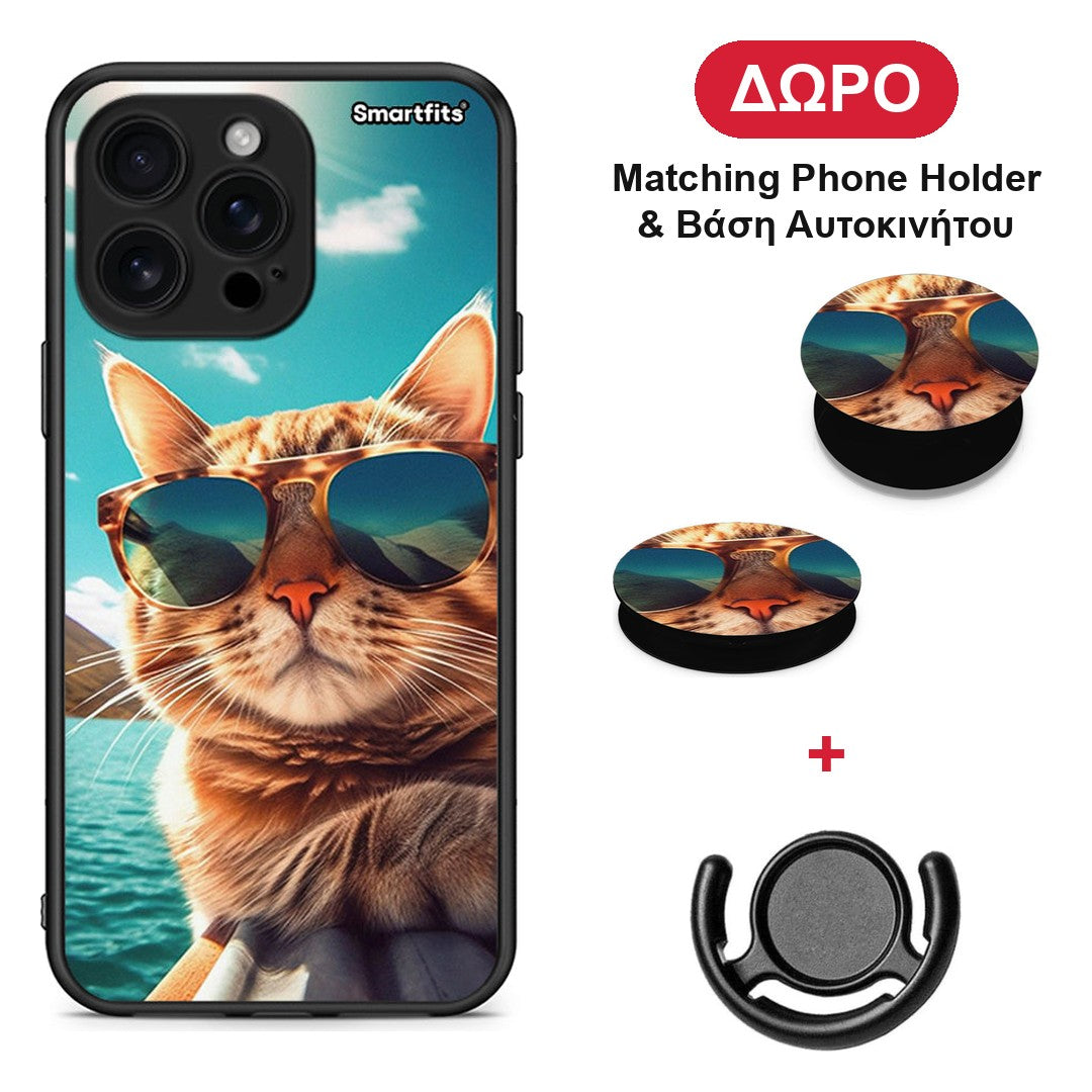 Summer Cat - iPhone 16 Pro Max θήκη + Δώρο Phone Holder & Βάση Αυτοκινήτου