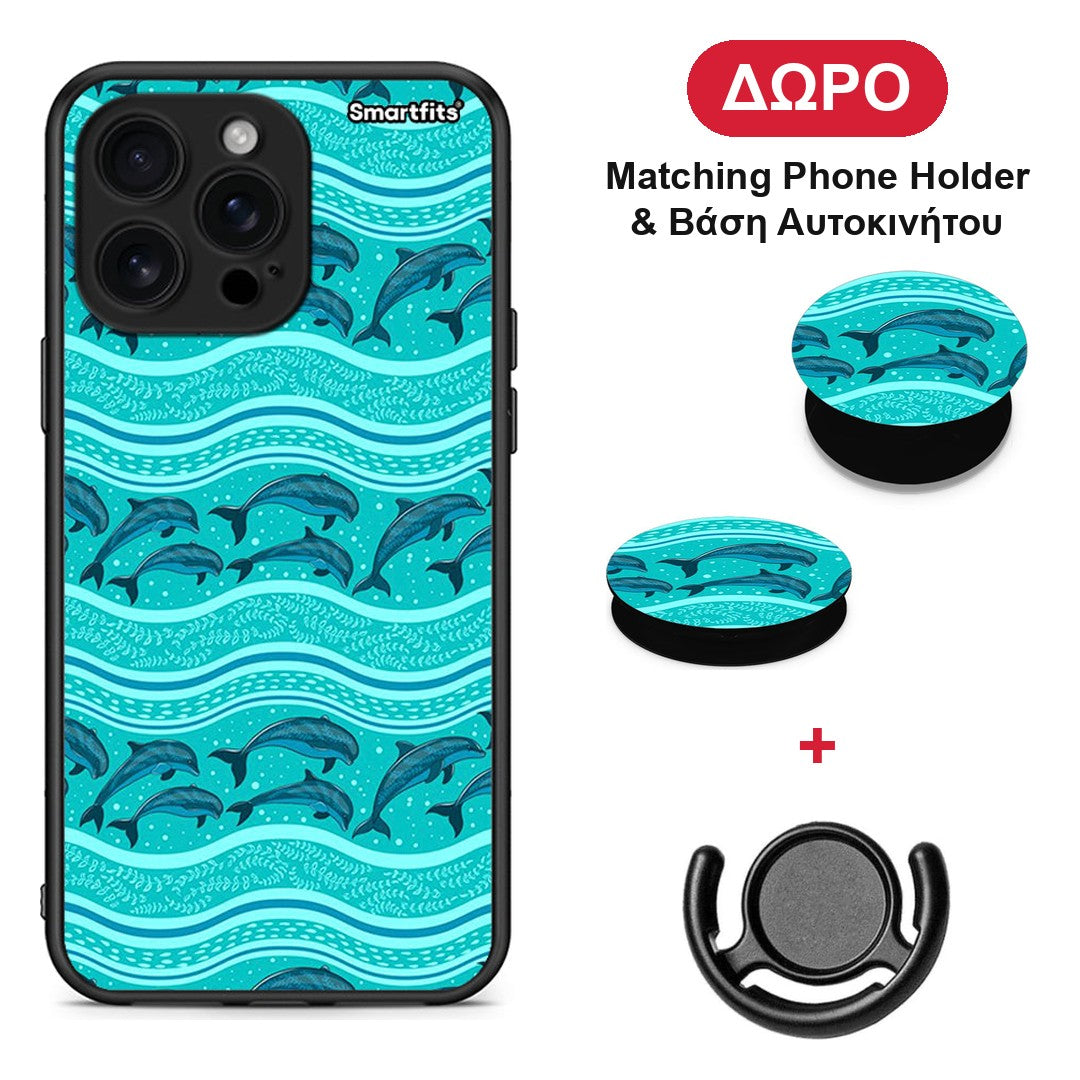 Swimming Dolphins - iPhone 16 Pro Max θήκη + Δώρο Phone Holder & Βάση Αυτοκινήτου