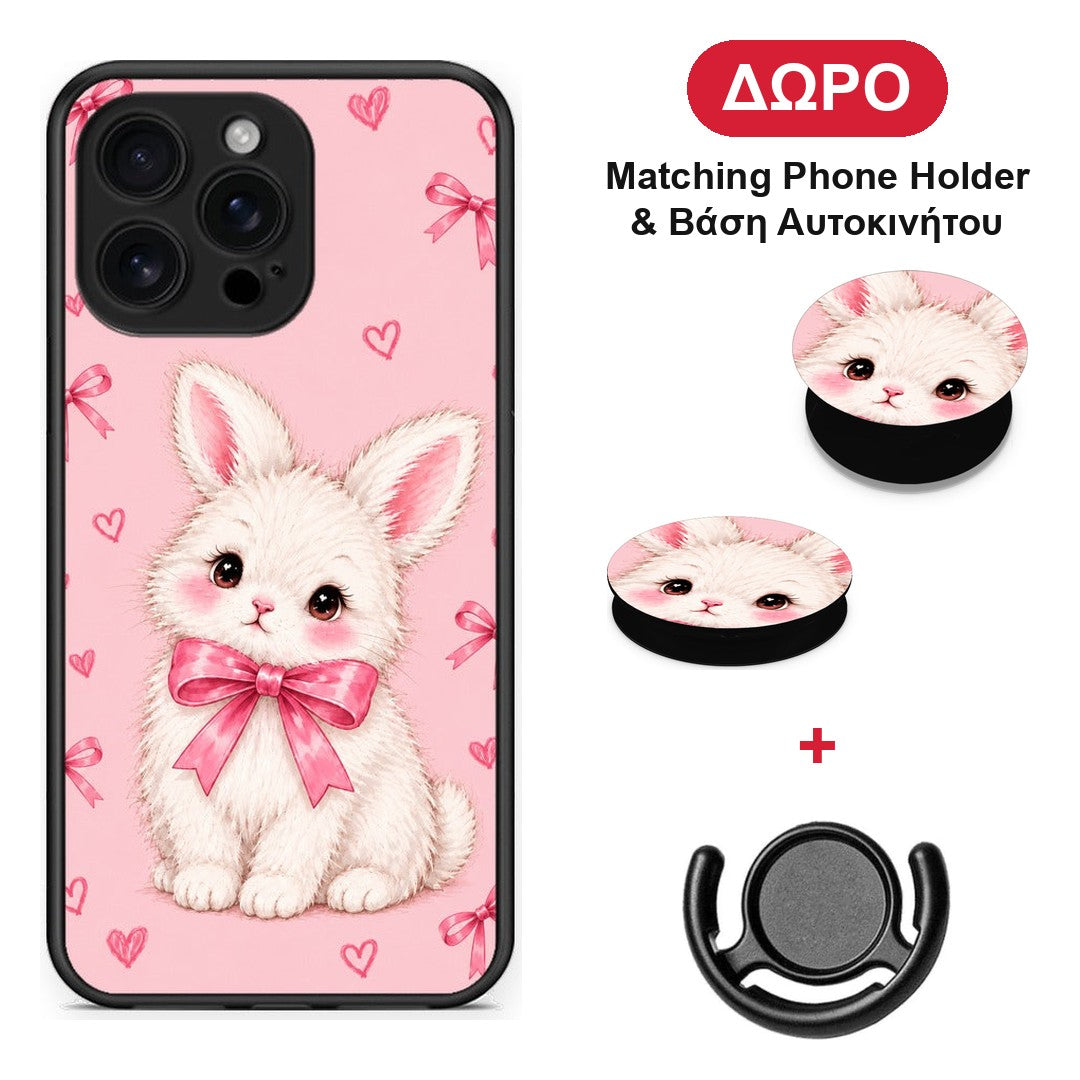 White Bunny and Pink Bows - iPhone 16 Pro Max θήκη + Δώρο Phone Holder & Βάση Αυτοκινήτου