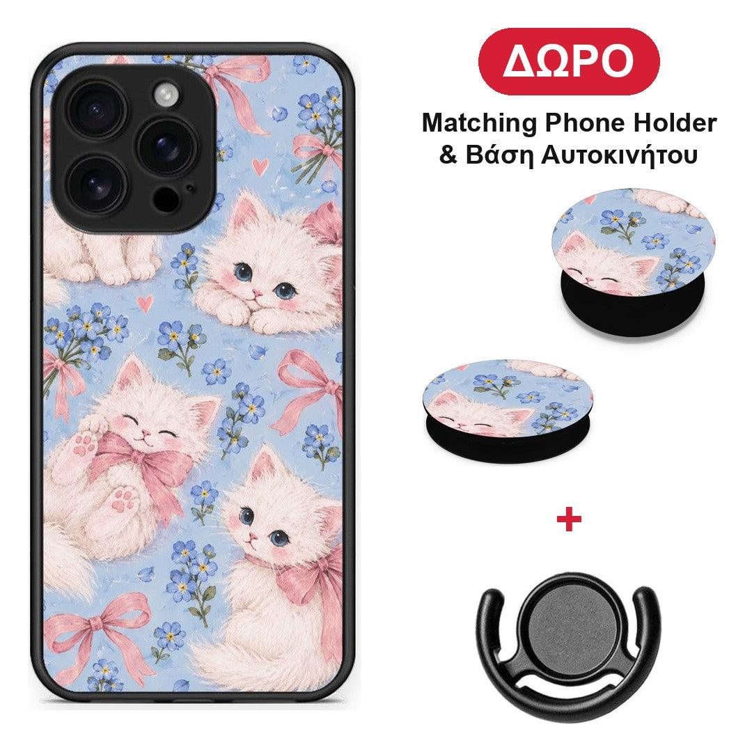 White Kittens and Blue Flowers Large - iPhone 16 Pro Max θήκη + Δώρο Phone Holder & Βάση Αυτοκινήτου