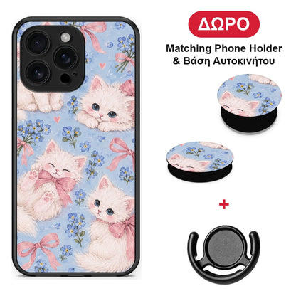White Kittens and Blue Flowers Large - iPhone 16 Pro Max θήκη + Δώρο Phone Holder & Βάση Αυτοκινήτου