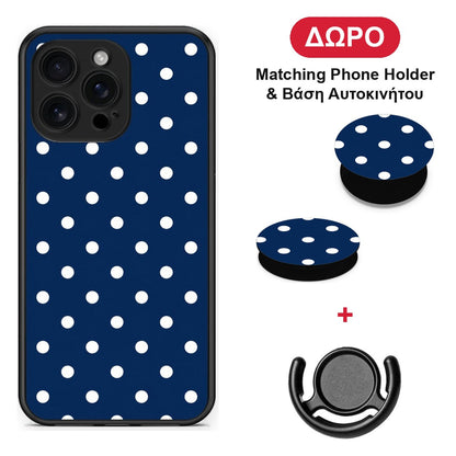 White Small Polka Dots on Navy - iPhone 16 Pro Max θήκη + Δώρο Phone Holder & Βάση Αυτοκινήτου
