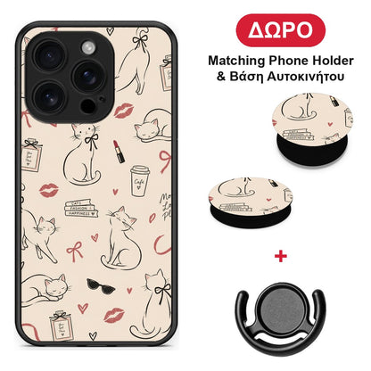 Minimal Cat and Fashion Doodles on Cream - iPhone 16 Pro θήκη + Δώρο Phone Holder & Βάση Αυτοκινήτου