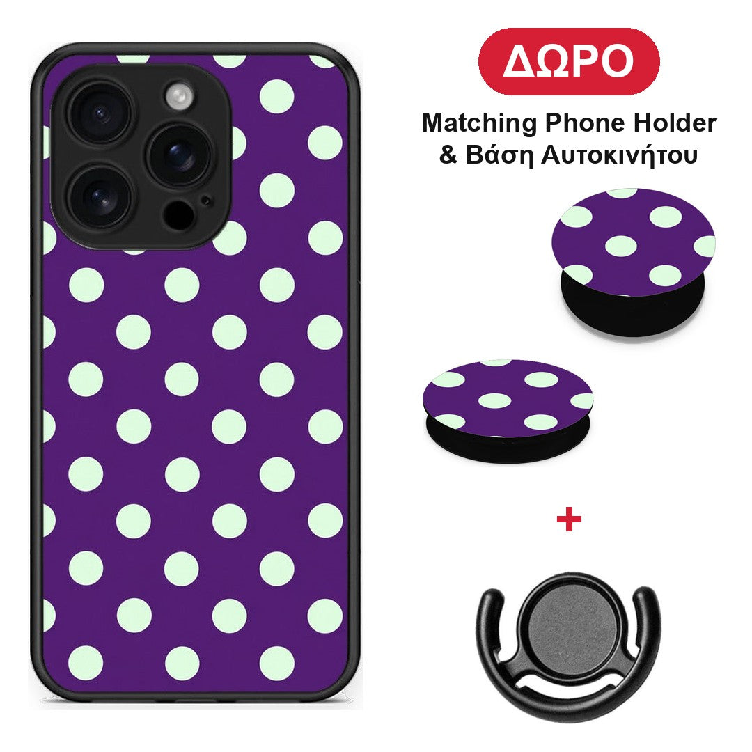 Mint Polka Dots on Purple - iPhone 16 Pro θήκη + Δώρο Phone Holder & Βάση Αυτοκινήτου