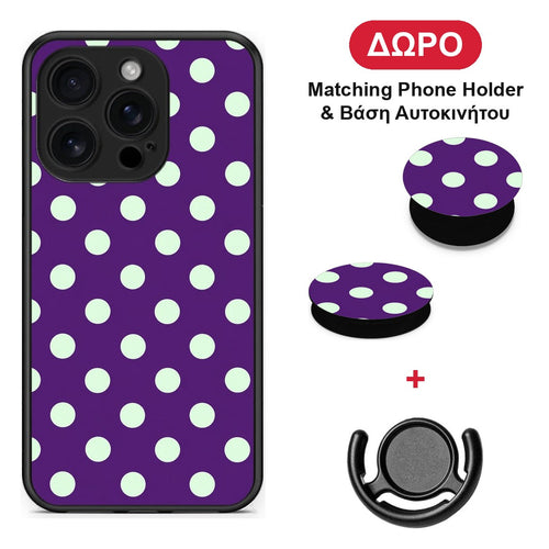 Mint Polka Dots on Purple - iPhone 16 Pro θήκη + Δώρο Phone Holder & Βάση Αυτοκινήτου