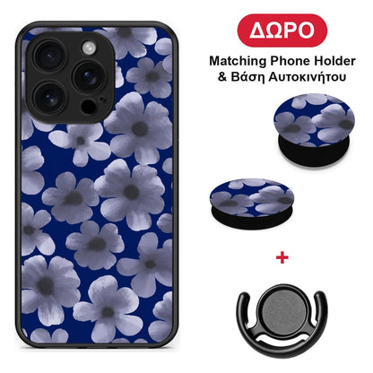 Pale Blue Flowers on Navy - iPhone 16 Pro θήκη + Δώρο Phone Holder & Βάση Αυτοκινήτου