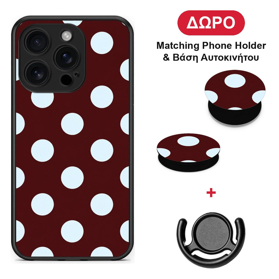 Pale Blue Large Polka Dots on Burgundy - iPhone 16 Pro θήκη + Δώρο Phone Holder & Βάση Αυτοκινήτου