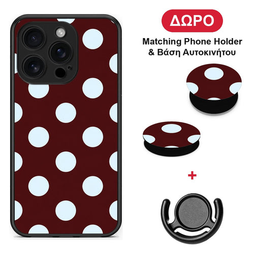 Pale Blue Large Polka Dots on Burgundy - iPhone 16 Pro θήκη + Δώρο Phone Holder & Βάση Αυτοκινήτου