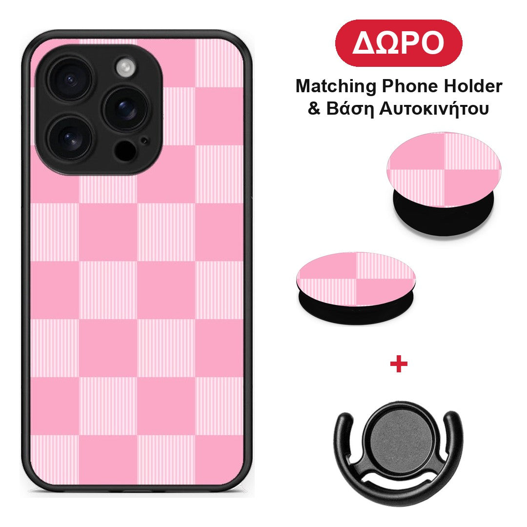 Pink and White Striped Checks - iPhone 16 Pro θήκη + Δώρο Phone Holder & Βάση Αυτοκινήτου