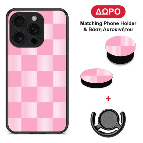 Pink and White Striped Checks - iPhone 16 Pro θήκη + Δώρο Phone Holder & Βάση Αυτοκινήτου
