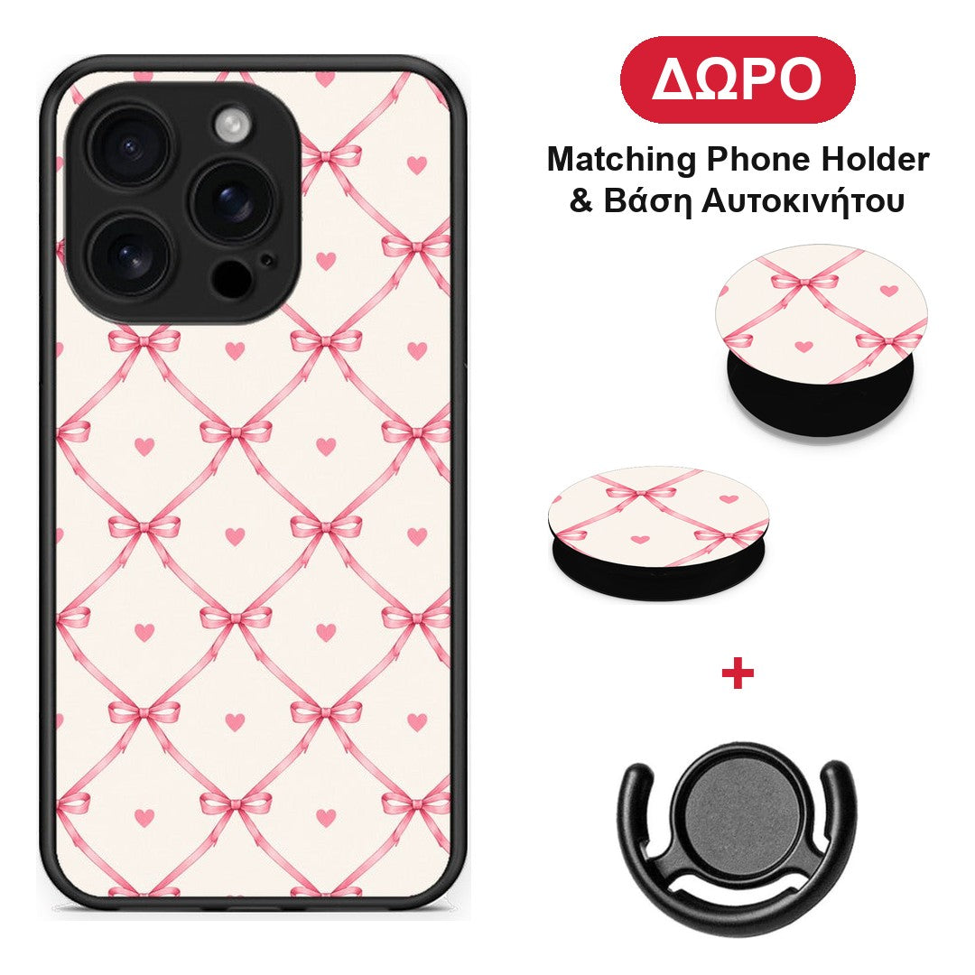 Pink Bow Lattice and Hearts on Cream - iPhone 16 Pro θήκη + Δώρο Phone Holder & Βάση Αυτοκινήτου