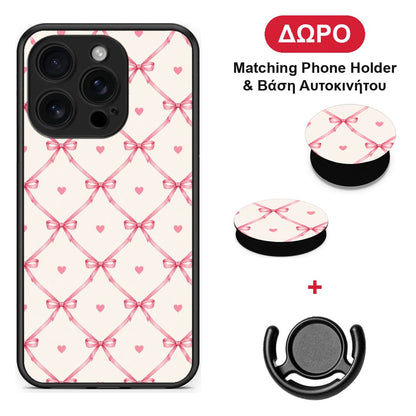 Pink Bow Lattice and Hearts on Cream - iPhone 16 Pro θήκη + Δώρο Phone Holder & Βάση Αυτοκινήτου