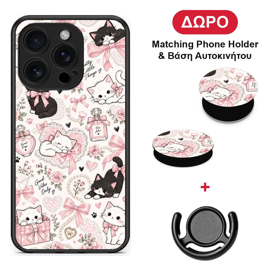 Pink Bows and Kittens Collage - iPhone 16 Pro θήκη + Δώρο Phone Holder & Βάση Αυτοκινήτου