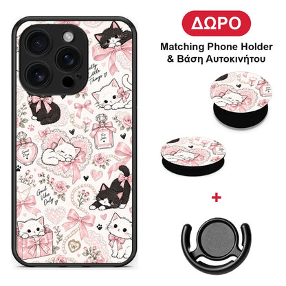 Pink Bows and Kittens Collage - iPhone 16 Pro θήκη + Δώρο Phone Holder & Βάση Αυτοκινήτου