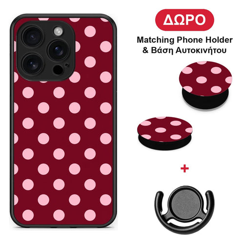 Pink Polka Dots on Burgundy - iPhone 16 Pro θήκη + Δώρο Phone Holder & Βάση Αυτοκινήτου