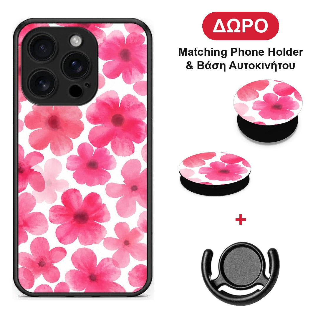 Pink Watercolour Flowers on White - iPhone 16 Pro θήκη + Δώρο Phone Holder & Βάση Αυτοκινήτου