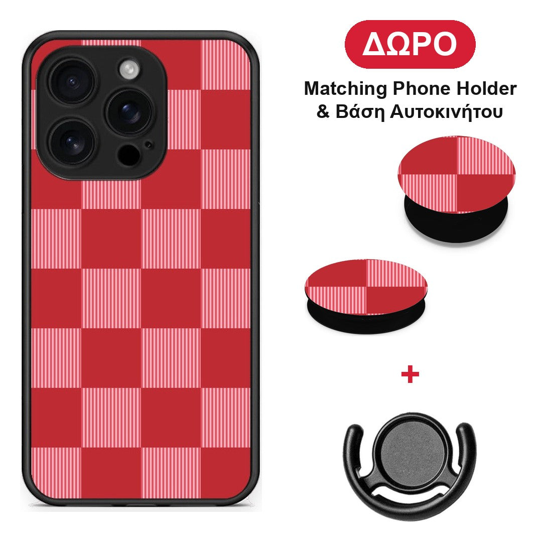 Red and Pink Striped Checks - iPhone 16 Pro θήκη + Δώρο Phone Holder & Βάση Αυτοκινήτου