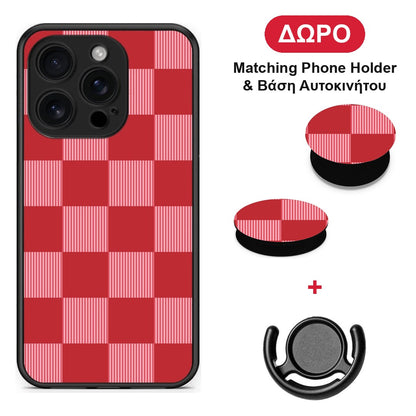 Red and Pink Striped Checks - iPhone 16 Pro θήκη + Δώρο Phone Holder & Βάση Αυτοκινήτου