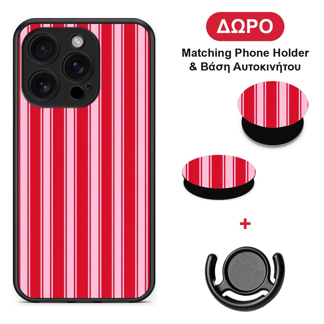 Red and Pink Vertical Pinstripes - iPhone 16 Pro θήκη + Δώρο Phone Holder & Βάση Αυτοκινήτου