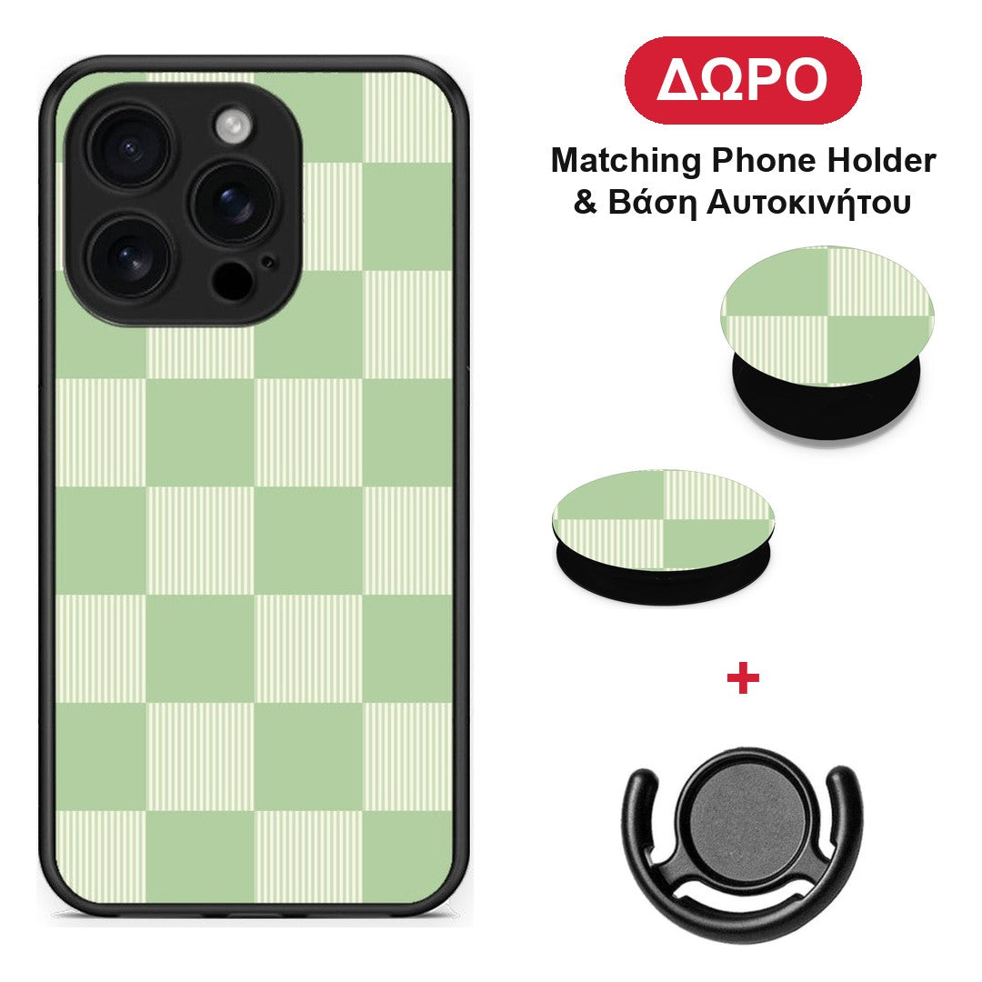 Sage and Cream Striped Checks - iPhone 16 Pro θήκη + Δώρο Phone Holder & Βάση Αυτοκινήτου