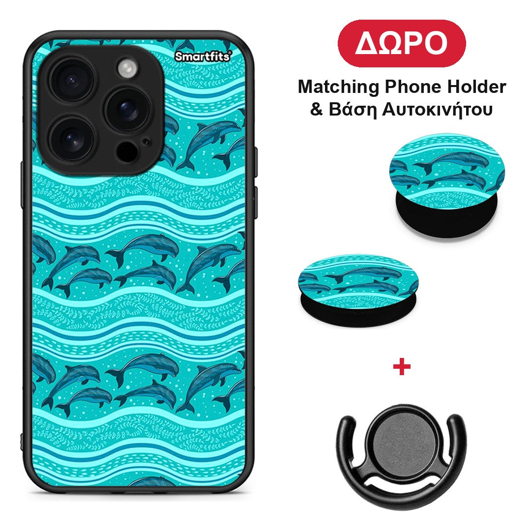 Swimming Dolphins - iPhone 16 Pro θήκη + Δώρο Phone Holder & Βάση Αυτοκινήτου