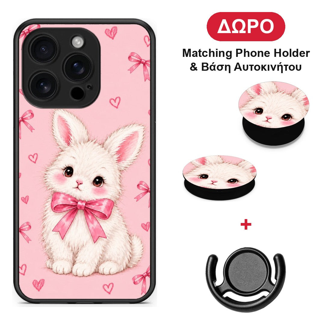 White Bunny and Pink Bows - iPhone 16 Pro θήκη + Δώρο Phone Holder & Βάση Αυτοκινήτου