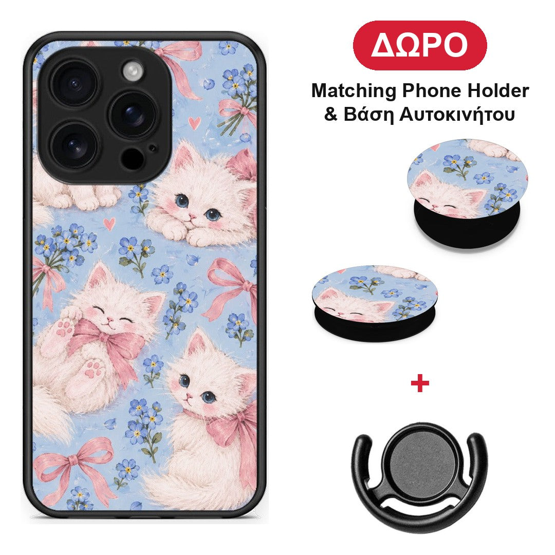 White Kittens and Blue Flowers Large - iPhone 16 Pro θήκη + Δώρο Phone Holder & Βάση Αυτοκινήτου