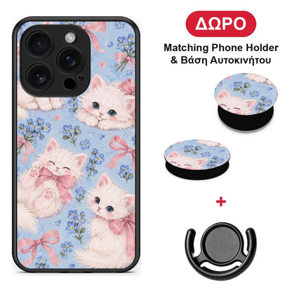 White Kittens and Blue Flowers Large - iPhone 16 Pro θήκη + Δώρο Phone Holder & Βάση Αυτοκινήτου