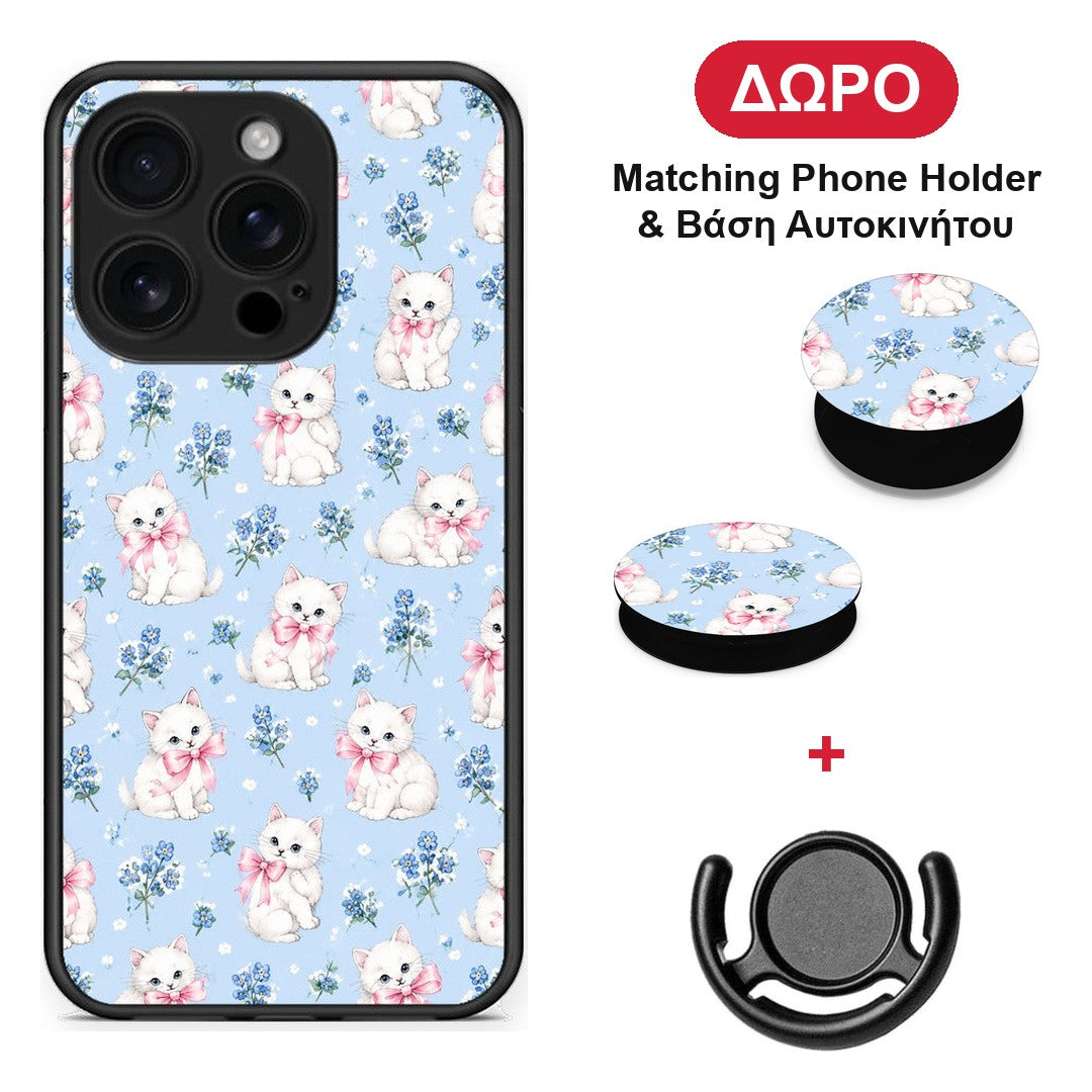 White Kittens and Blue Flowers Small - iPhone 16 Pro θήκη + Δώρο Phone Holder & Βάση Αυτοκινήτου