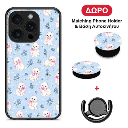 White Kittens and Blue Flowers Small - iPhone 16 Pro θήκη + Δώρο Phone Holder & Βάση Αυτοκινήτου