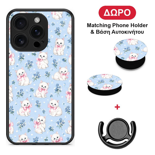 White Kittens and Blue Flowers Small - iPhone 16 Pro θήκη + Δώρο Phone Holder & Βάση Αυτοκινήτου