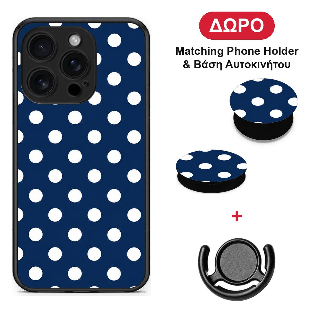 White Large Polka Dots on Navy - iPhone 16 Pro θήκη + Δώρο Phone Holder & Βάση Αυτοκινήτου