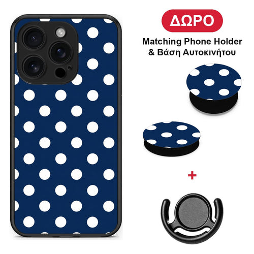 White Large Polka Dots on Navy - iPhone 16 Pro θήκη + Δώρο Phone Holder & Βάση Αυτοκινήτου