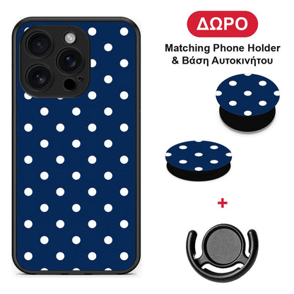 White Small Polka Dots on Navy - iPhone 16 Pro θήκη + Δώρο Phone Holder & Βάση Αυτοκινήτου