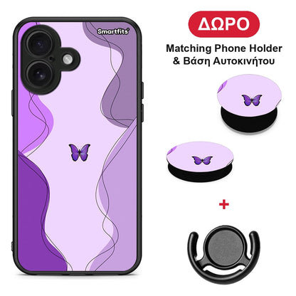 Purple Mariposa - iPhone 16 θήκη + Δώρο Phone Holder & Βάση Αυτοκινήτου