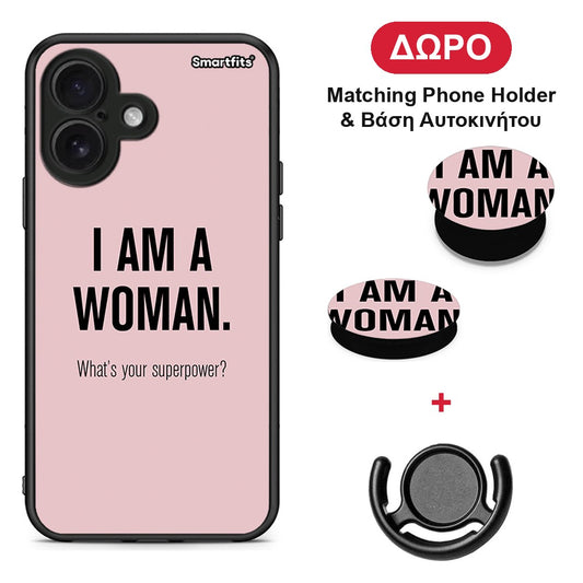 Superpower Woman - iPhone 16 θήκη + Δώρο Phone Holder & Βάση Αυτοκινήτου