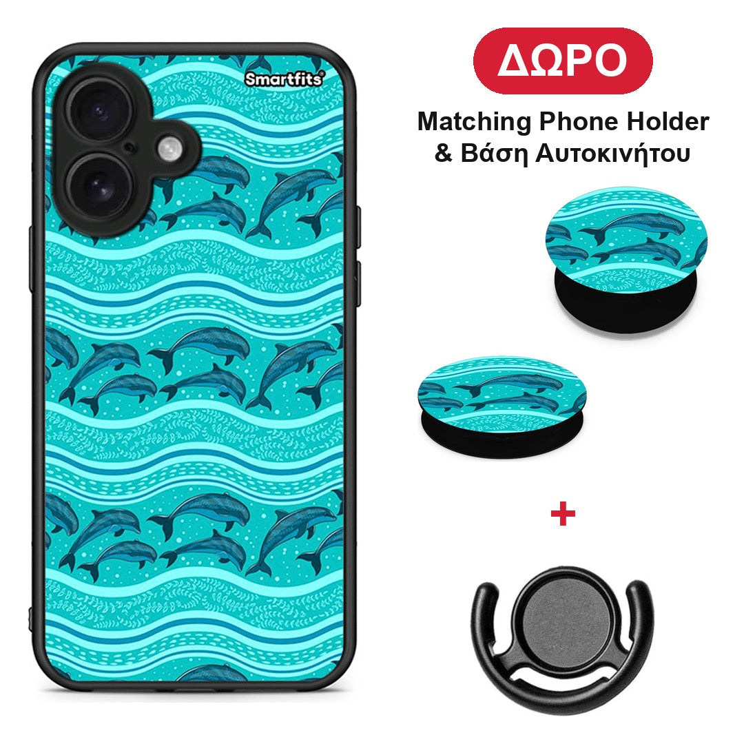 Swimming Dolphins - iPhone 16 θήκη + Δώρο Phone Holder & Βάση Αυτοκινήτου