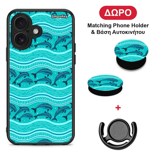 Swimming Dolphins - iPhone 16 θήκη + Δώρο Phone Holder & Βάση Αυτοκινήτου