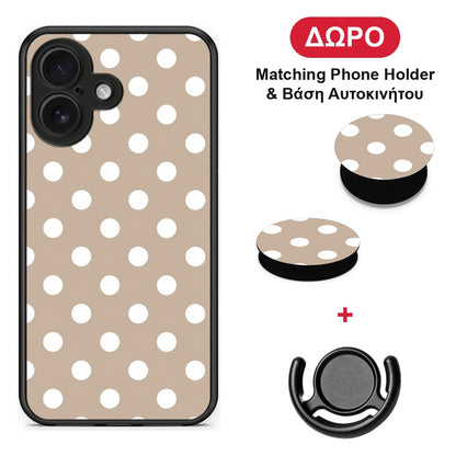 White Polka Dots on Taupe - iPhone 16 θήκη + Δώρο Phone Holder & Βάση Αυτοκινήτου
