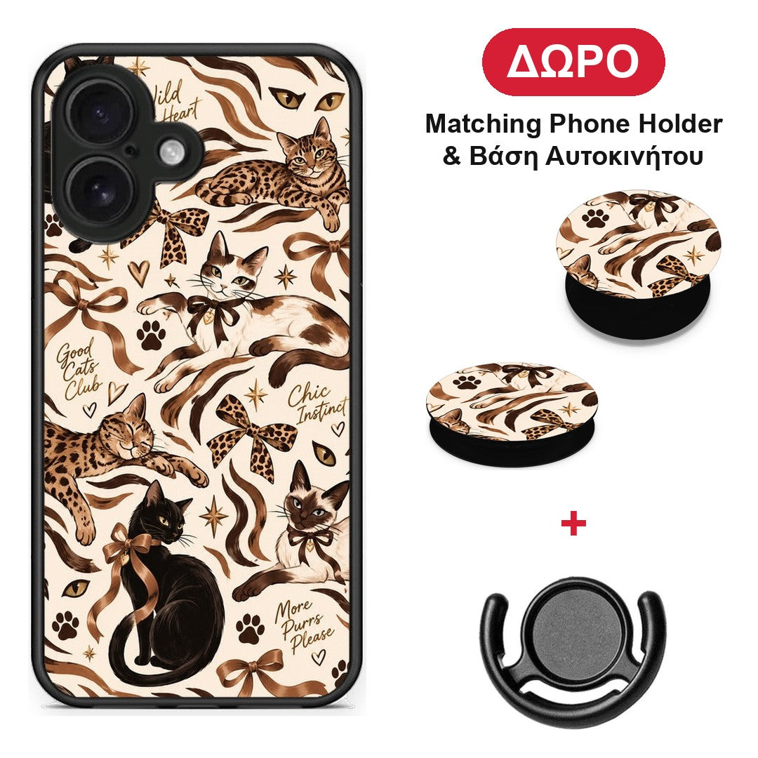 Wild Cats and Animal Print Collage - iPhone 16 θήκη + Δώρο Phone Holder & Βάση Αυτοκινήτου