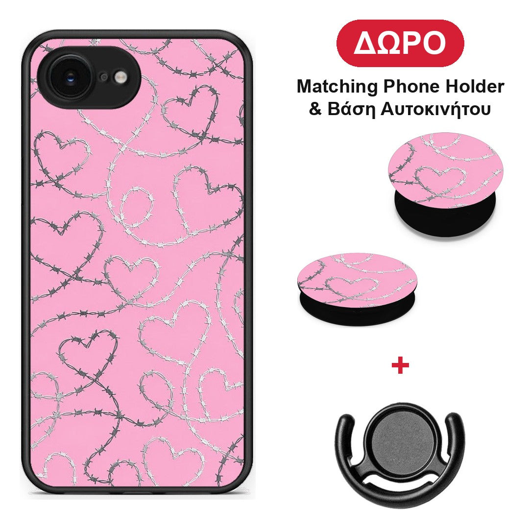 Barbed Wire Hearts on Pink - iPhone 16e θήκη + Δώρο Phone Holder & Βάση Αυτοκινήτου