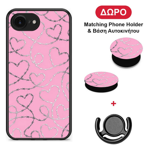 Barbed Wire Hearts on Pink - iPhone 16e θήκη + Δώρο Phone Holder & Βάση Αυτοκινήτου