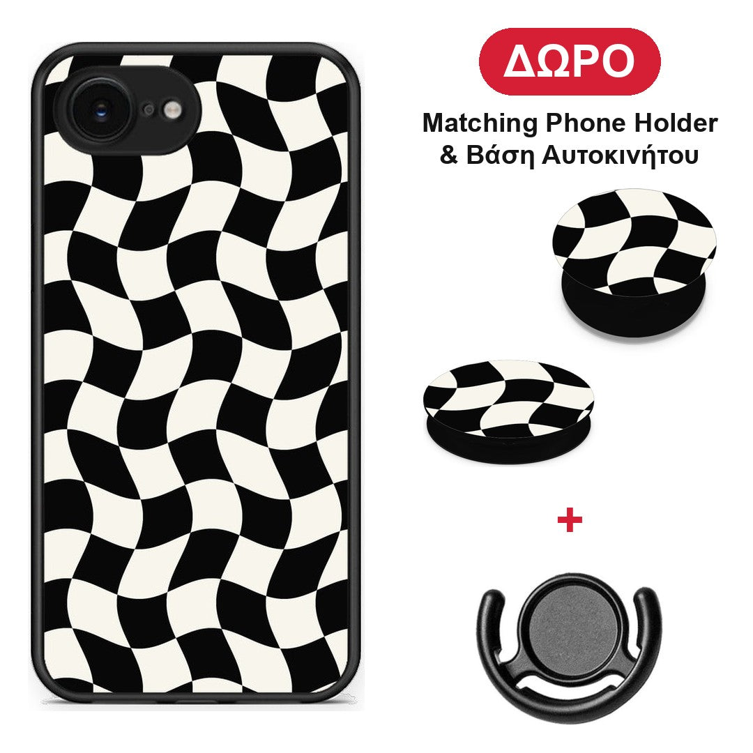 Black and Cream Wavy Checkerboard - iPhone 16e θήκη + Δώρο Phone Holder & Βάση Αυτοκινήτου